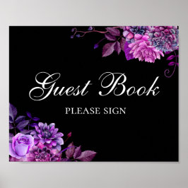 Póster Firme el libro de invitados. Flores púrpuras. Boda