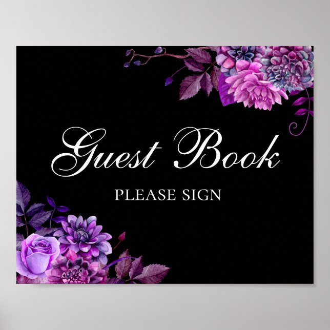 Póster Firme el libro de invitados. Flores púrpuras. Boda (Frente)