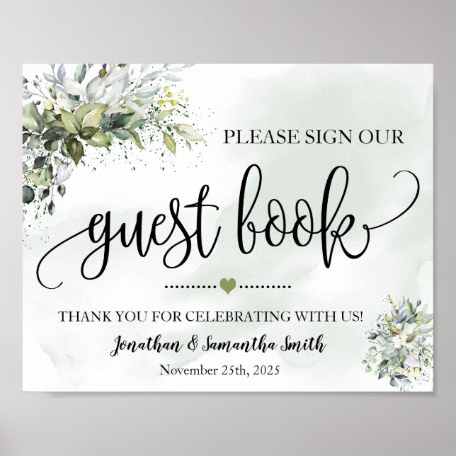 Póster Firme nuestro libro de invitados boda eucalipto su (Frente)