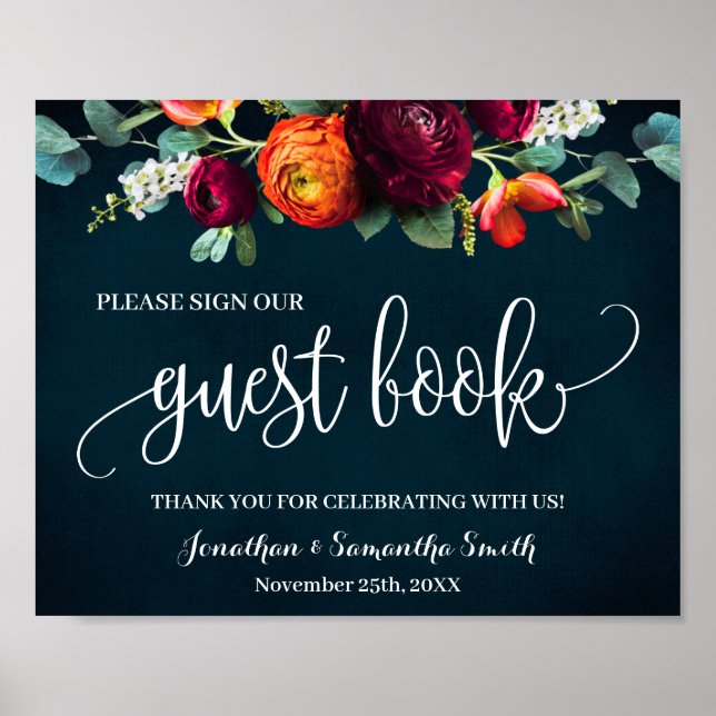 Póster Firme nuestro Libro de Invitados Boda Vino Azul Ma (Frente)