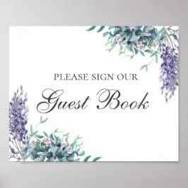 Póster Firme nuestro libro de visitas. Flor púrpura. Boda