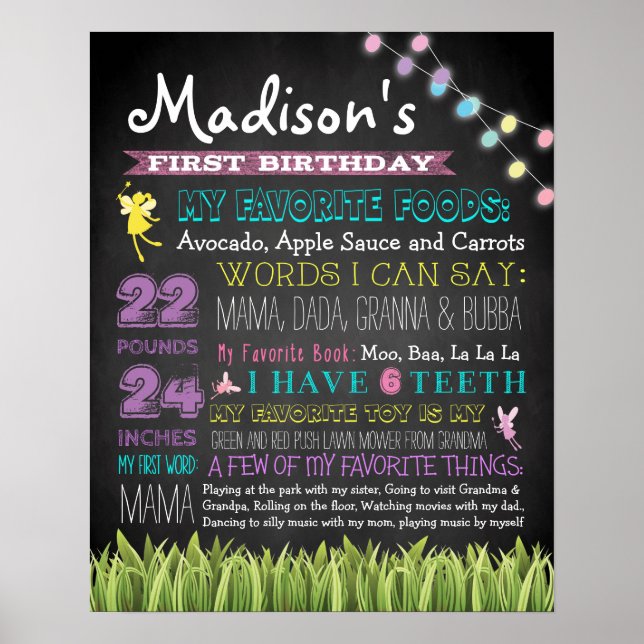 Póster First Birthday Chalkboard Sign "Fairies" 16x20 (Frente)