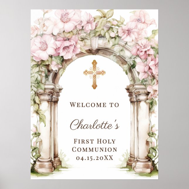 Póster First Communion Pink Florals Arch Cross Welcome (Frente)