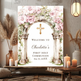 Póster First Communion Pink Florals Arch Cross Welcome