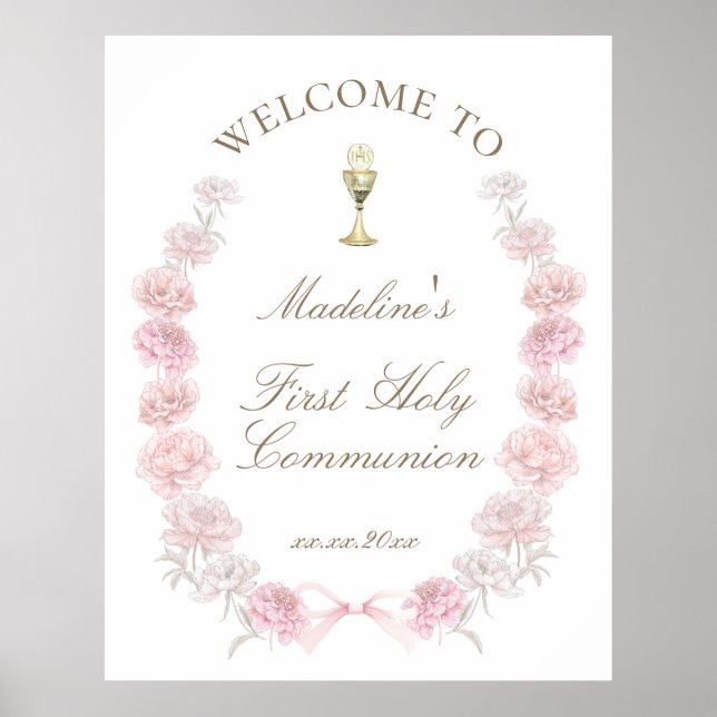 Póster First Communion pink peonies welcome (Frente)