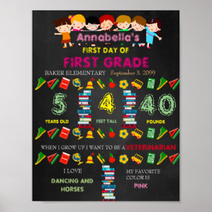 Póster First Day of FIRST GRADE Sign GIRL,Black & colors