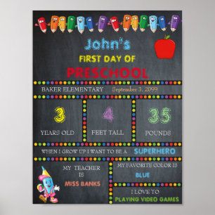 Póster First Day of PRESCHOOL Sign BOY, FIRST GRADE