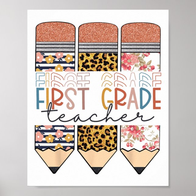 Póster First Grade Teacher Leopard Pencil Happy First Day (Frente)