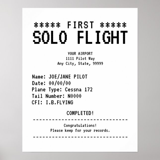 Póster First Solo Flight Congratulations (Frente)