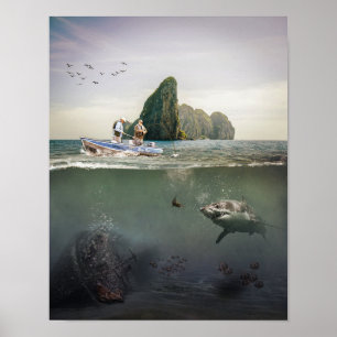 Póster Fishermen, Shark and Shipwreck Artwork