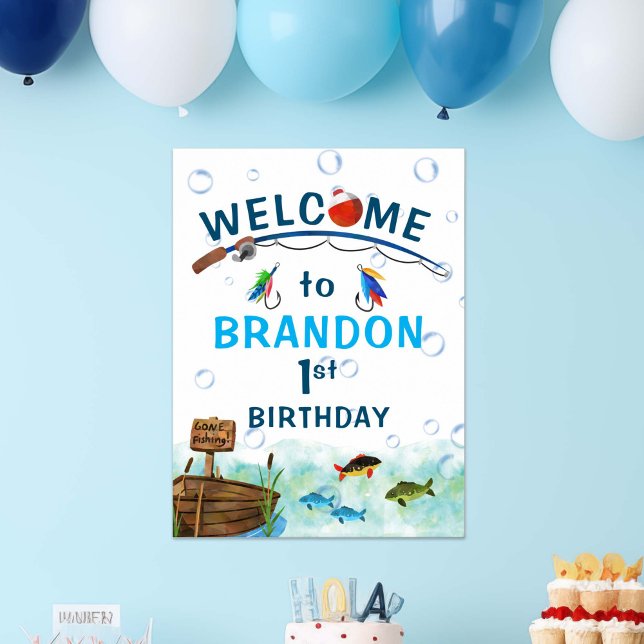 Póster Fishing themed O-fish-ally birthday welcome sign (Fishing themed, O-fish-ally, birthday poster welcome sign. Little fisherman birthday party decor.)