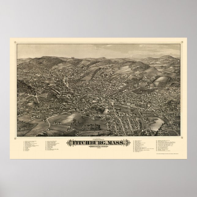 Póster Fitchburg, MAMÁES Mapa Panorámico - 1882 (Frente)