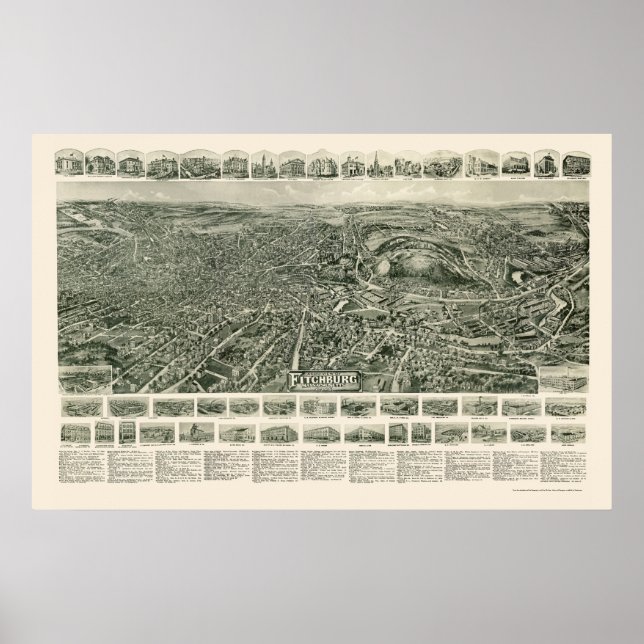 Póster Fitchburg, MAMÁES Mapa Panorámico - 1915 (Frente)