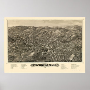 Póster Fitchburg, mapa panorámico de las MAMÁES - 1882
