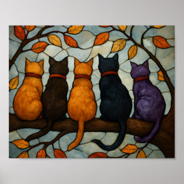 Póster Five Cats on a Tree Branch Stained Glass Style