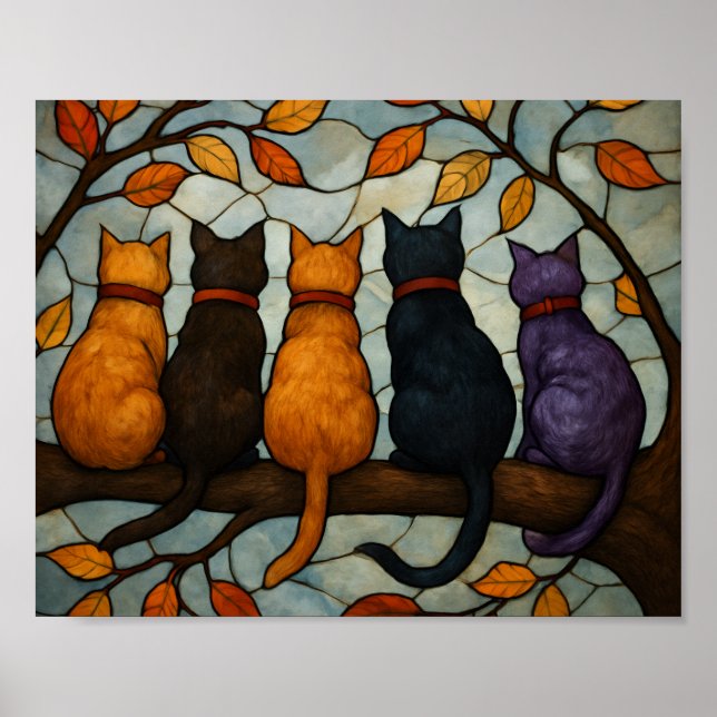 Póster Five Cats on a Tree Branch Stained Glass Style (Frente)
