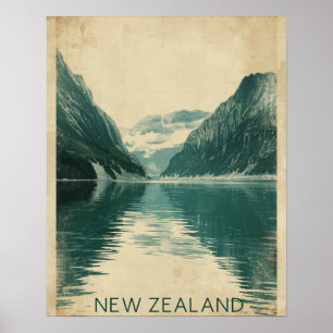 Póster Fjords Esmeralda – Viajes Antiguos a Nueva Zelanda