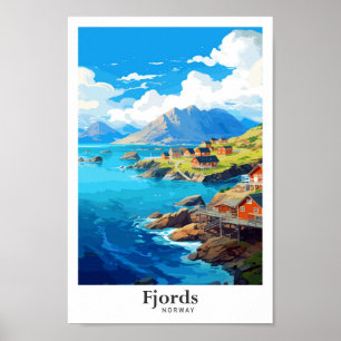 Póster Fjords Noruega Art Vintage Travel Ilustracion