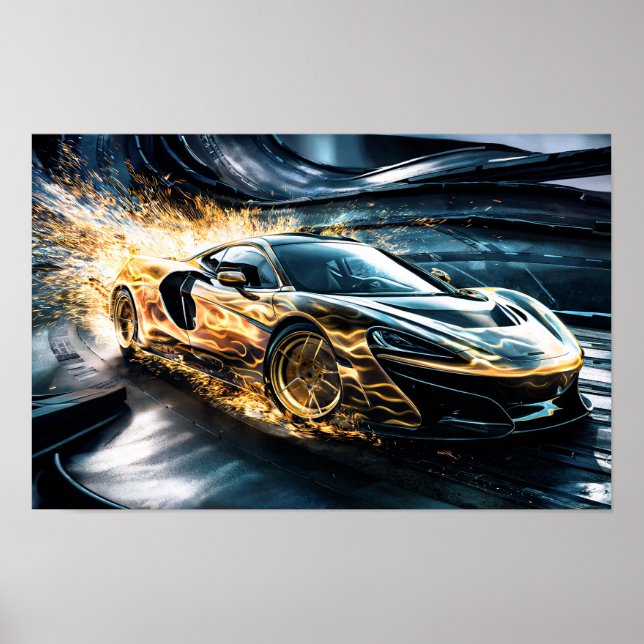 Póster Flame Carreras dorada, vagón de autos deportivos # (Frente)