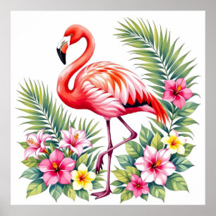 Póster Flamenco Floral Hawaiano Rosa Acuarela Tropical