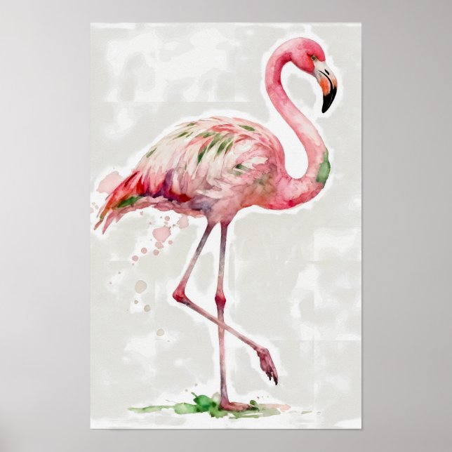 Póster Flamenco Rosa Acuarela Tropical Sobre Blanco (Frente)