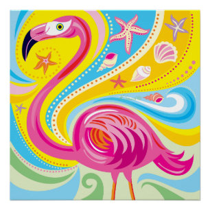 Póster Flamenco rosa con estrella de mar