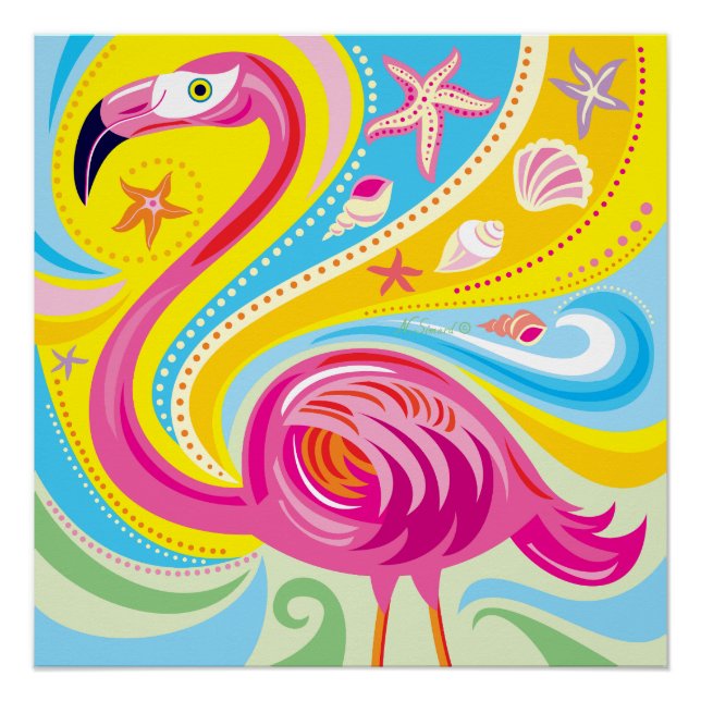 Póster Flamenco Rosa con Estrella de Mar (Anverso)