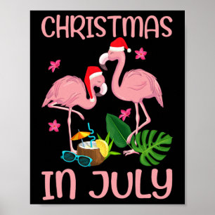 Póster Flamenco rosa de Navidad en julio con sombrero de