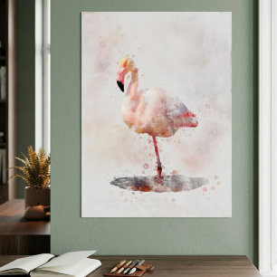 Póster Flamenco Rosa Elegante de pie en Acuarela