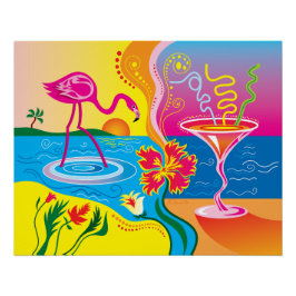 Póster Flamenco Rosa y Cóctel de Verano