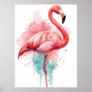 Póster Flamenco Rosa y Salpicadura de Acuarela Vibrante