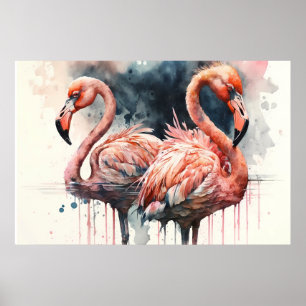 Póster Flamencos Acuarela Rosados Tropicales