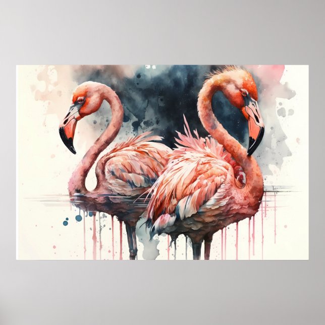 Póster Flamencos Acuarela Rosados Tropicales (Frente)