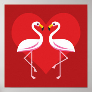 Póster Flamencos blancos rosados con corazón rojo