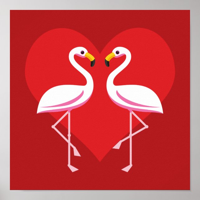 Póster Flamencos blancos rosados con corazón rojo (Frente)