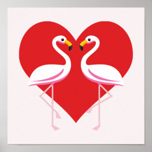 Póster Flamencos blancos rosados con corazón rojo