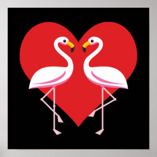 Póster Flamencos blancos rosados con corazón rojo