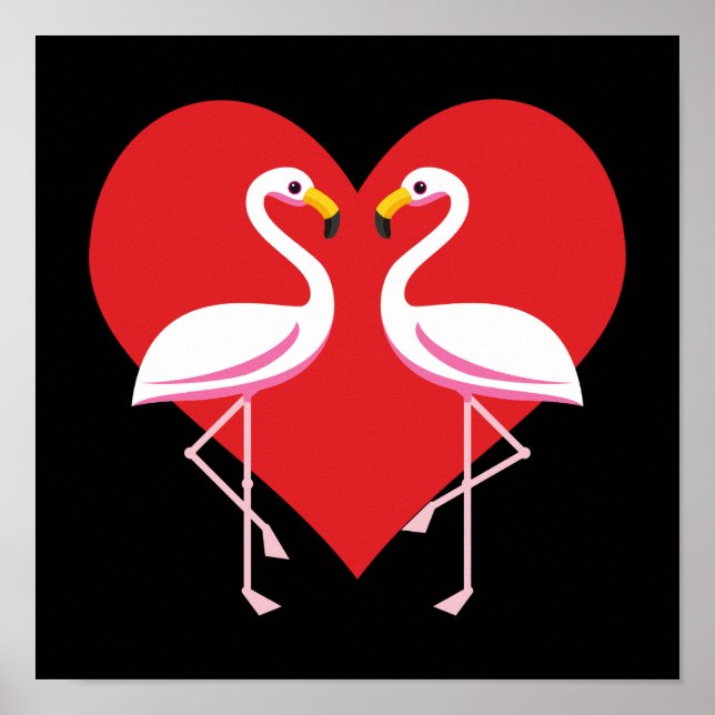 Póster Flamencos blancos rosados con corazón rojo (Frente)