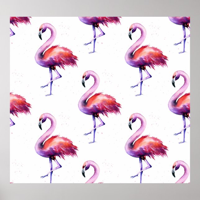 Póster Flamencos con salpicaduras: patrón de acuarela. (Frente)