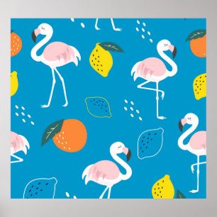 Póster Flamencos, frutas tropicales abstractas, patatas d