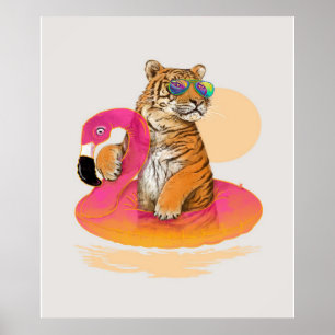 Póster Flamencos   Gracioso Chillin Flamingo Tiger Friend