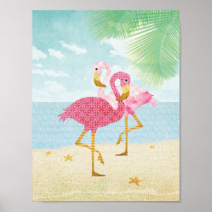 Póster Flamencos rosados de la acuarela en la playa