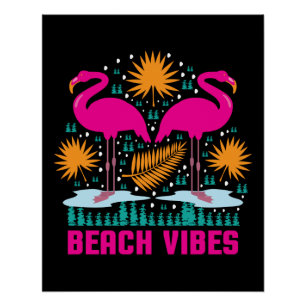 Póster Flamencos rosados de los pepitas de playa-19501