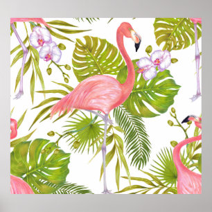 Póster Flamencos rosados, orquídeas: patrón acuarela.