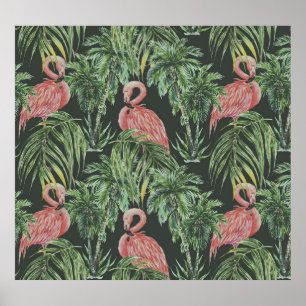 Póster Flamencos rosados, patrón de cosecha tropical.