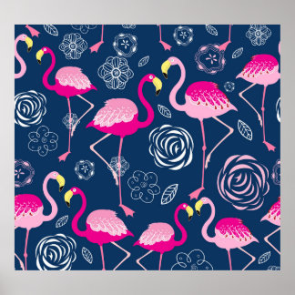 Póster Flamencos rosados: Patrón oscuro gráfico