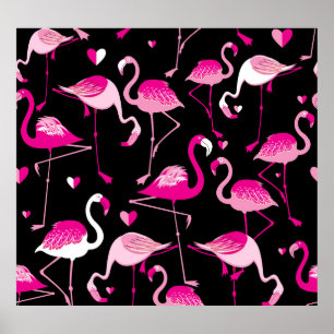 Póster Flamencos rosados, patrón oscuro sin costuras.