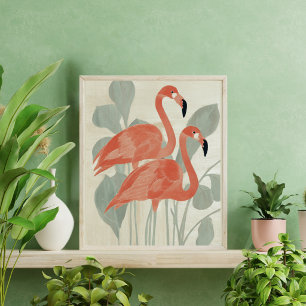 Póster Flamencos rosados plantas verdes acuarela elegante