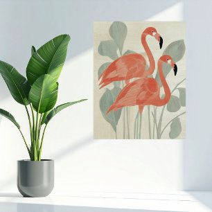 Póster Flamencos rosados Plantas verdes Aquarela Estiloso