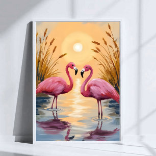 Póster Flamencos rosados puesta de sol pintura de animale